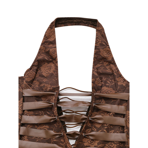 Mocha Floral Lace Whimsigoth Jumpsuit Fairy Rave Festival Y2K Ethereal Coquette - Picture 7 of 9